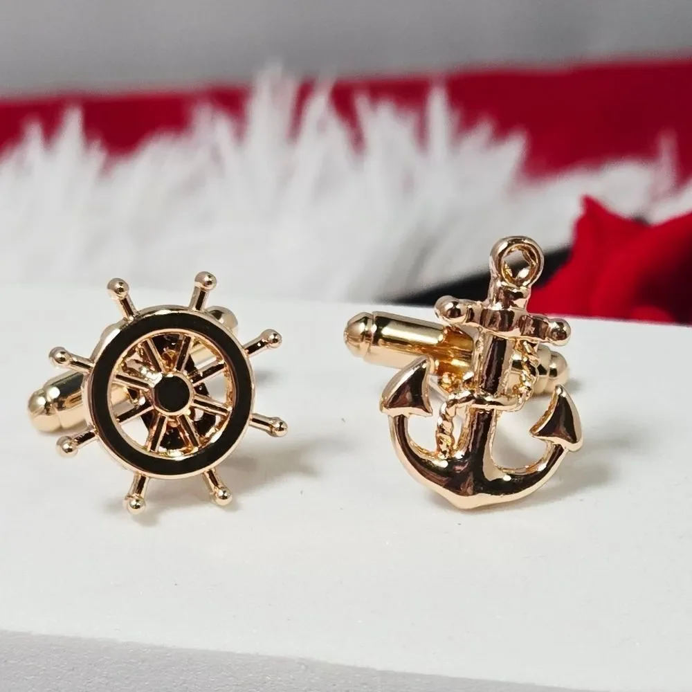 Nautical Anchor & Ship Wheel Cufflinks Gold Asymmetrical Maritime Sailor Gift